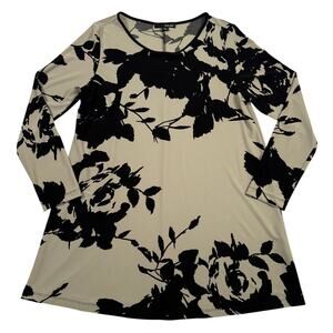 Sun Kim Tunic Top Womens XS Black Beige Floral Stretch Made USA